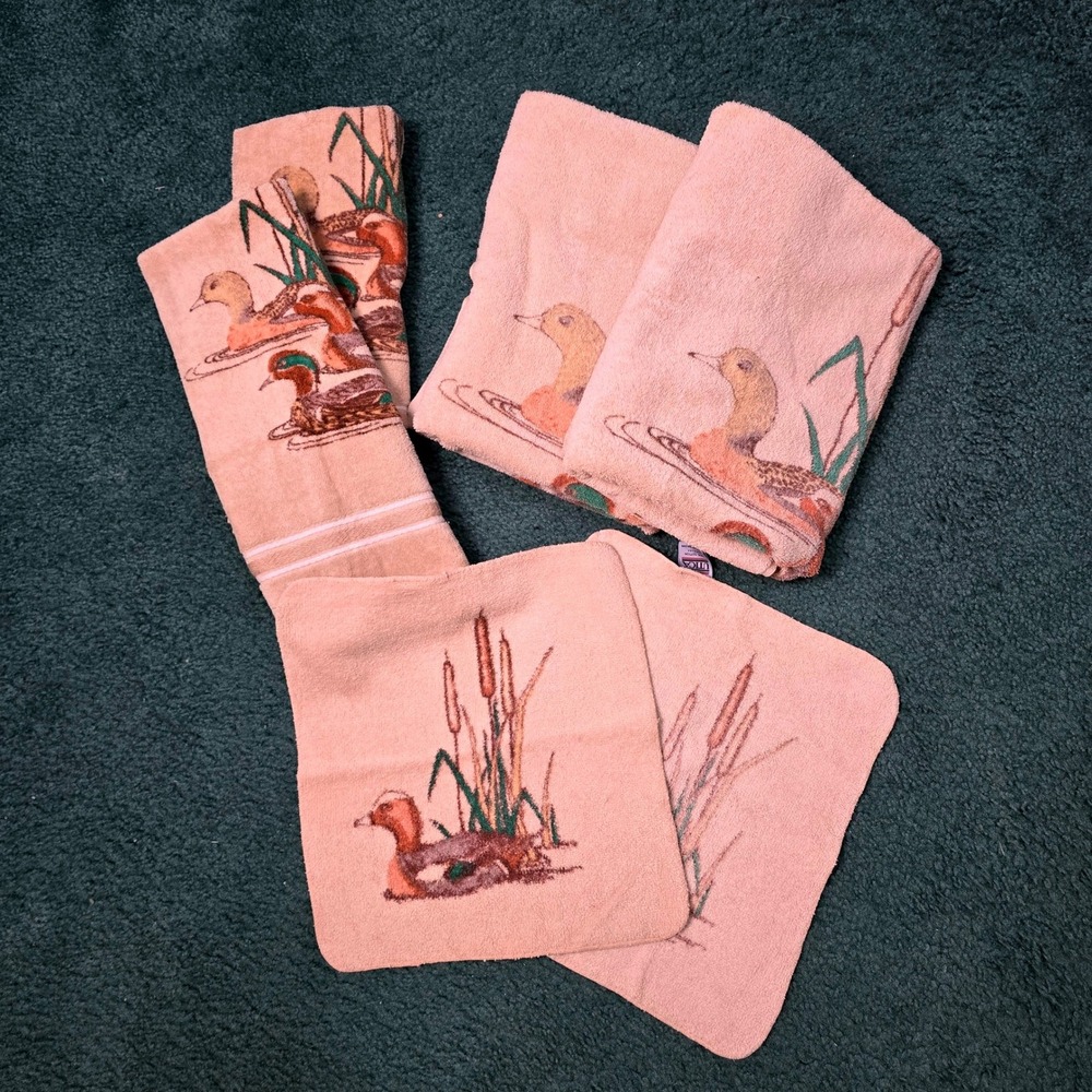 Vintage Utica Pipeline Beige  Duck Scene 6 Piece Bath Towel Set Cotton Made USA